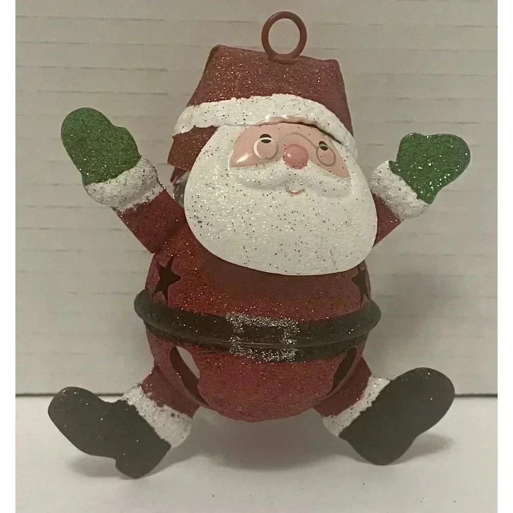 Glitter Santa Jingle Bell Ball Ornament With Swiveling Head Metal Christmas 4.5”